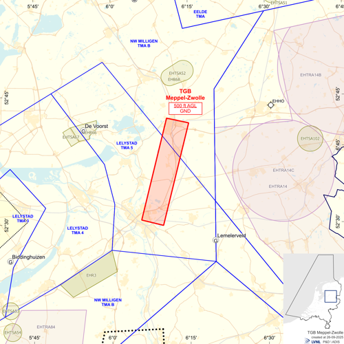 Kaart met gemarkeerd tijdelijk gebied met beperking (TGB) Meppel Zwolle en omliggende luchtvaartzones in Nederland