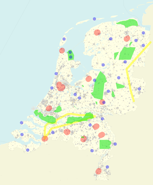 Kaart van Nederland met groene gebieden, gele lijnen en rode en blauwe cirkels die locaties en kabelvliegers aangeven.
